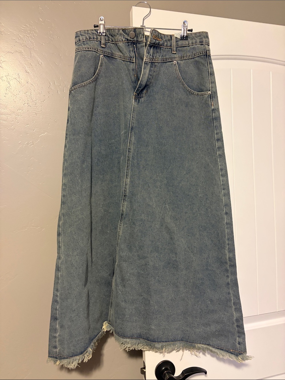 High-Waist Maxi Denim Skirt with Frayed Hem - Blue
